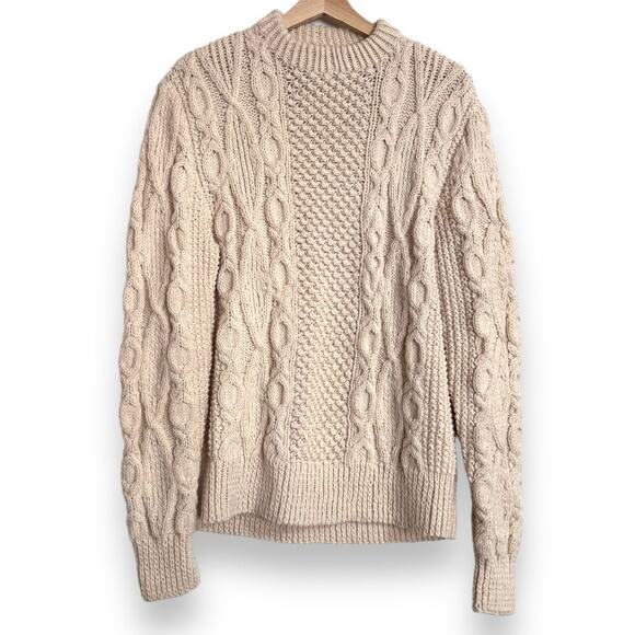 Handmade Cream Chunky Cable Knit Fisherman Sweater Women's Size L - Picture 1 of 7